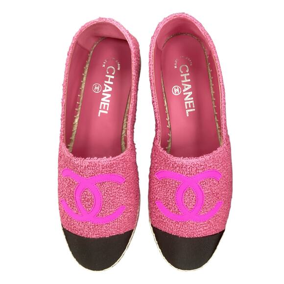 NIB Chanel Espadrilles Women SZ8 Made In Spain Fabric & Grosgrain Fuchsia &Black - Picture 1 of 9